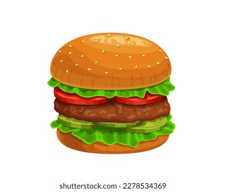 Cartoon hamburger or burger, fast food sandwich with meat patty and buns, vector food icon. Hamburger or burger with lettuce, cucumber and tomato, American bee snack and barbecue restaurant menu icon