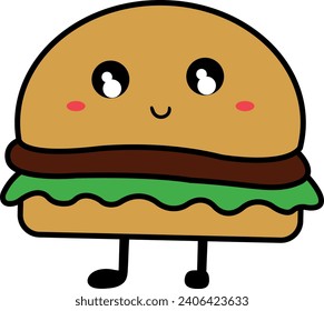Caricatura de hamburguesa. Graciosa ilustración vectorial plana de hamburguesa sonriente. Símbolo de comida rápida, icono de entrega, paquete, café, restaurante