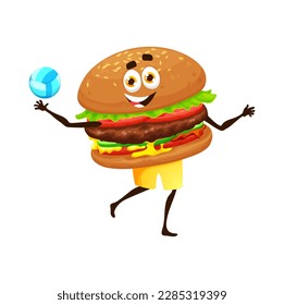 Cartoon hamburger character playing volleyball, funny fast food on summer holiday, vector cheeseburger. Cheerful burger sandwich playing volleyball on summer vacations with face smile