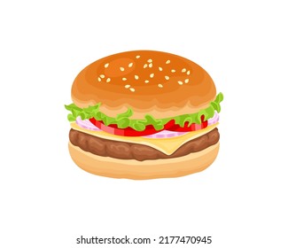 Cartoon hamburger or cheeseburger isolated on white background. Vector illustration of fast food.