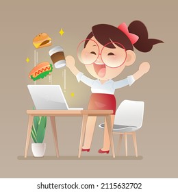 Cartoon Hamburger Kaffee und Hot Dog fliegen aus einem Laptop-Bildschirm. Bestellen Sie die Lieferung von Lebensmitteln. Illustration und Vektordesign.