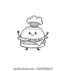 cartoon hamburger, cute burger, fast food character isolated on white. doodle style. Vector illustration