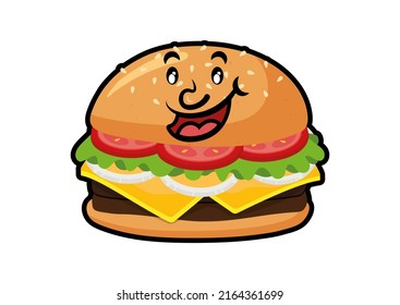 Cartoon hamburger with face isolated on white background. Vector illustration of fast-food hamburger