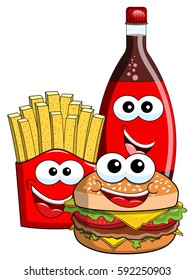 Cartoon Hamburger french fries and soda bottle characters isolated