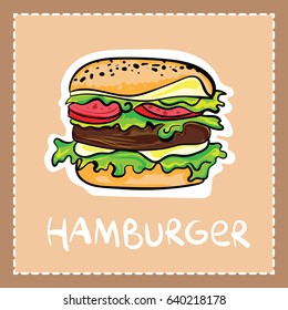 Cartoon hamburger in hand drawn style with text.