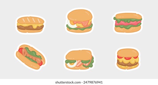 Juego de hamburguesas de dibujos animados. Deliciosa Ilustración vectorial de hamburguesa.