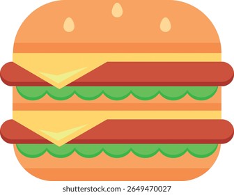 hambúrguer de desenhos animados com duas tortas de carne, queijo, alface e um pão de semente de gergelim em um estilo lúdico e plano para conteúdo relacionado à comida ou desenhos infantis.
