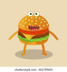 Cartoon Hamburger Vector. Icon for web and mobile application. Flat design style.