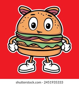 Cartoon hamburger, vintage fast food mascot, 1930s style. Vector illustration