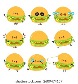Cartoon hamburgers with various emotions and actions, perfect for fun and food-related designs.