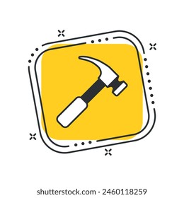 Icono de martillo de dibujos animados Ilustración vectorial. Herramienta sobre fondo cuadrado amarillo aislado. Concepto de señal de reparación.