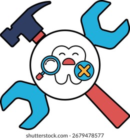 Una caricatura de un martillo y un destornillador con un pingüino mirando una imagen de un cepillo de dientes