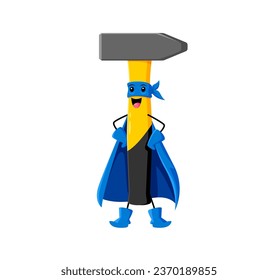 Cartoon hammer superhero character. Isolated vector construction tool wear blue cloak and mask stand with arms akimbo with mischievous grin on face. Whimsical instrument ready for fixing and repair