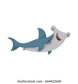 Cartoon Hammerhead Fish. Trendy Design Shark Flat Icon. Cheerful And Closed Eyes. Wildlife Vector Illustration.