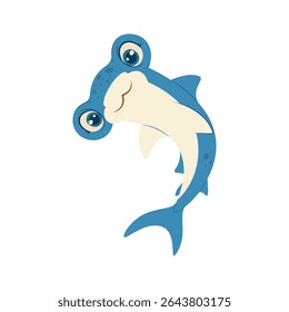 Cartoon hammerhead shark with a big smile and expressive eyes. Ideal for children’s projects, ocean-themed designs, and educational marine illustrations.