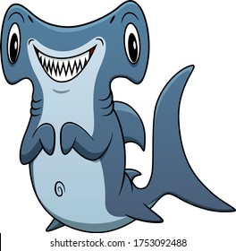 Cartoon Hammerhead shark. Illustration of underwater mascot with cute smile. Predator of the ocean. Isolated on white background.