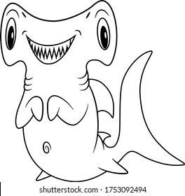 Cartoon Hammerhead shark. Illustration of underwater mascot with cute smile. Predator of the ocean. Isolated on white background. Uncolored line art for drawing book or page for children and kids.