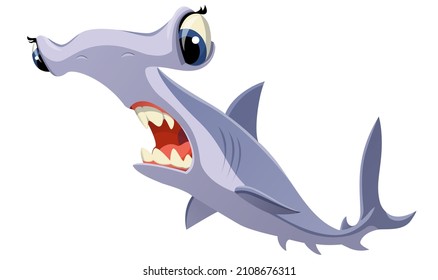 Cartoon hammerhead shark on a white background for animation, illustration and printing on souvenirs. Vector illustration.