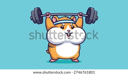 A cartoon hamster with bulging cheeks and a headband is lifting a barbell with weights, looking determined.
