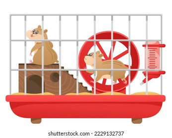 Cartoon Hamster Käfig. Cute Haustier läuft im Rad, Paar kleine glückliche Hamster in Heimtierladen einzelne Vektorgrafik. Schöne fette Tierfreunde Lebensraum, Nager und Ausrüstung im Laden