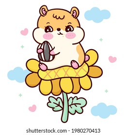 Cartoon hamster eating sun flower seed isolated on pastel background: Series Kawaii animal pet vector yummy dessert (girly doodle) mammal Illustration. Perfect Nursery children, card baby shower girl.