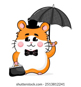 Cartoon hamster cavalheiro mascote com saco e guarda-chuva para crianças