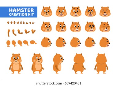 Cartoon hamster or guinea pig creation set. Various gestures, emotions, diverse poses, views. Create your own pose, animation. Flat style vector illustration