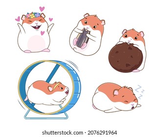 Cartoon hamster with hearts, cookie, seed, in a running wheel, sleeping, set of illustrations