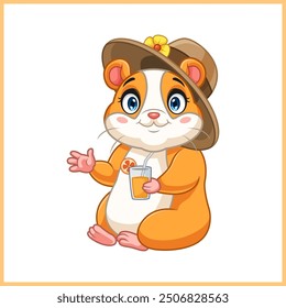 cartoon hamster relaxing wearing a hat and holding a glass of orange juice