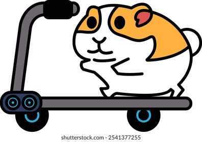 Ein Cartoon eines Hamsters, der auf einem Roller fährt. Der Hamster lächelt und genießt die Fahrt