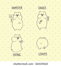 A cartoon hamster set: dancing, eating, leaving.
