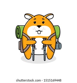 Cartoon Hamster With Travel Bag. Funny Hiking Vector Character