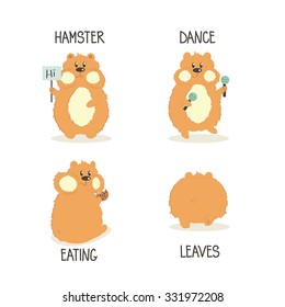 Cartoon hamster vector set: dancing, eating, leaving.