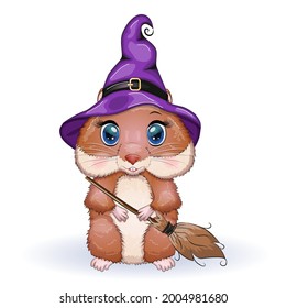 Cartoon hamster wearing purple witch hat with broom, potion or pumpkin jack. Halloween poster
