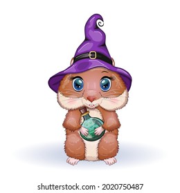 Cartoon hamster wearing purple witch hat with broom, potion or pumpkin jack. Halloween poster