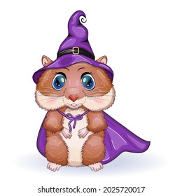 Cartoon hamster wearing a purple witch hat and cloak. Halloween poster