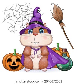 Cartoon hamster wearing purple witch hat with broom, potion or pumpkin jack. Halloween poster