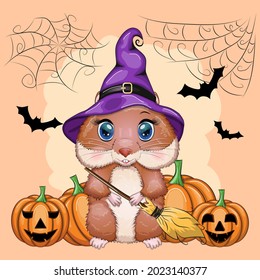Cartoon hamster wearing a purple witch's hat and cloak with a broom, potion or jack pumpkin. Against the background of the castle, the moon, flying mice. Halloween poster