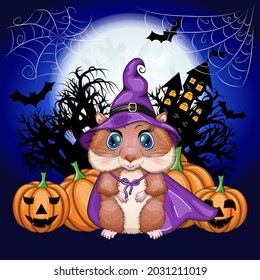 Cartoon hamster wearing a purple witch's hat and cloak with a broom, potion or jack pumpkin. Against the background of the castle, the moon, flying mice. Halloween poster