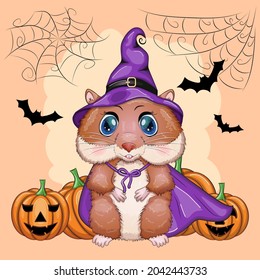 Cartoon hamster wearing a purple witch's hat and cloak with a broom, potion or jack pumpkin. Against the background of the castle, the moon, flying mice. Halloween poster