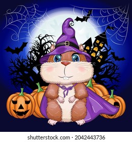 Cartoon hamster wearing a purple witch's hat and cloak with a broom, potion or jack pumpkin. Against the background of the castle, the moon, flying mice. Halloween poster