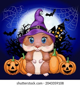 Cartoon hamster wearing a purple witch's hat and cloak with a broom, potion or jack pumpkin. Against the background of the castle, the moon, flying mice. Halloween poster