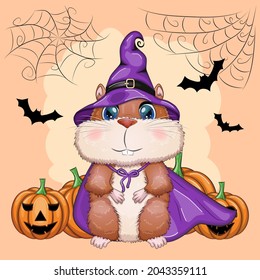 Cartoon hamster wearing a purple witch's hat and cloak with a broom, potion or jack pumpkin. Against the background of the castle, the moon, flying mice. Halloween poster