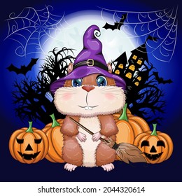 Cartoon hamster wearing a purple witch's hat and cloak with a broom, potion or jack pumpkin. Against the background of the castle, the moon, flying mice. Halloween poster