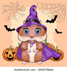 Cartoon hamster wearing a purple witch's hat and cloak with a broom, potion or jack pumpkin. Against the background of the castle, the moon, flying mice. Halloween poster