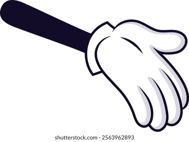 Cartoon hand adorned with a white glove is making a gesture, extending from a dark sleeve, conveying messages of communication and invitation in a playful and expressive manner