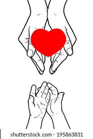Cartoon hand adult and child on a white background. Adult child gives heart.