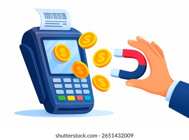 Cartoon hand atrai moedas de ouro para um terminal POS com um ímã, simbolizando o sucesso empresarial e a estratégia financeira.