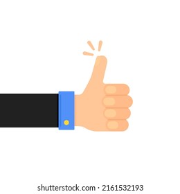 cartoon hand in black suit with thumb up. concept of evaluation review or best seller badge or high bestseller label or top expert. flat style web graphic client thought simple logo design element
