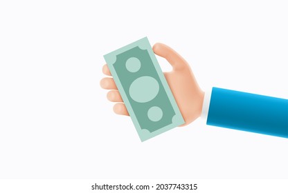 Cartoon Hand Of Businessman Holds Banknote. Concept Of Financial Operation With Money Bill And Banknote. 3d Vector Illustration With Hand And Money Bill.